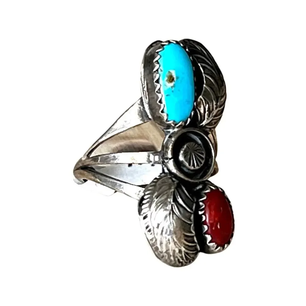 Vintage sterling silver turquoise and coral Native American ring size 6.5